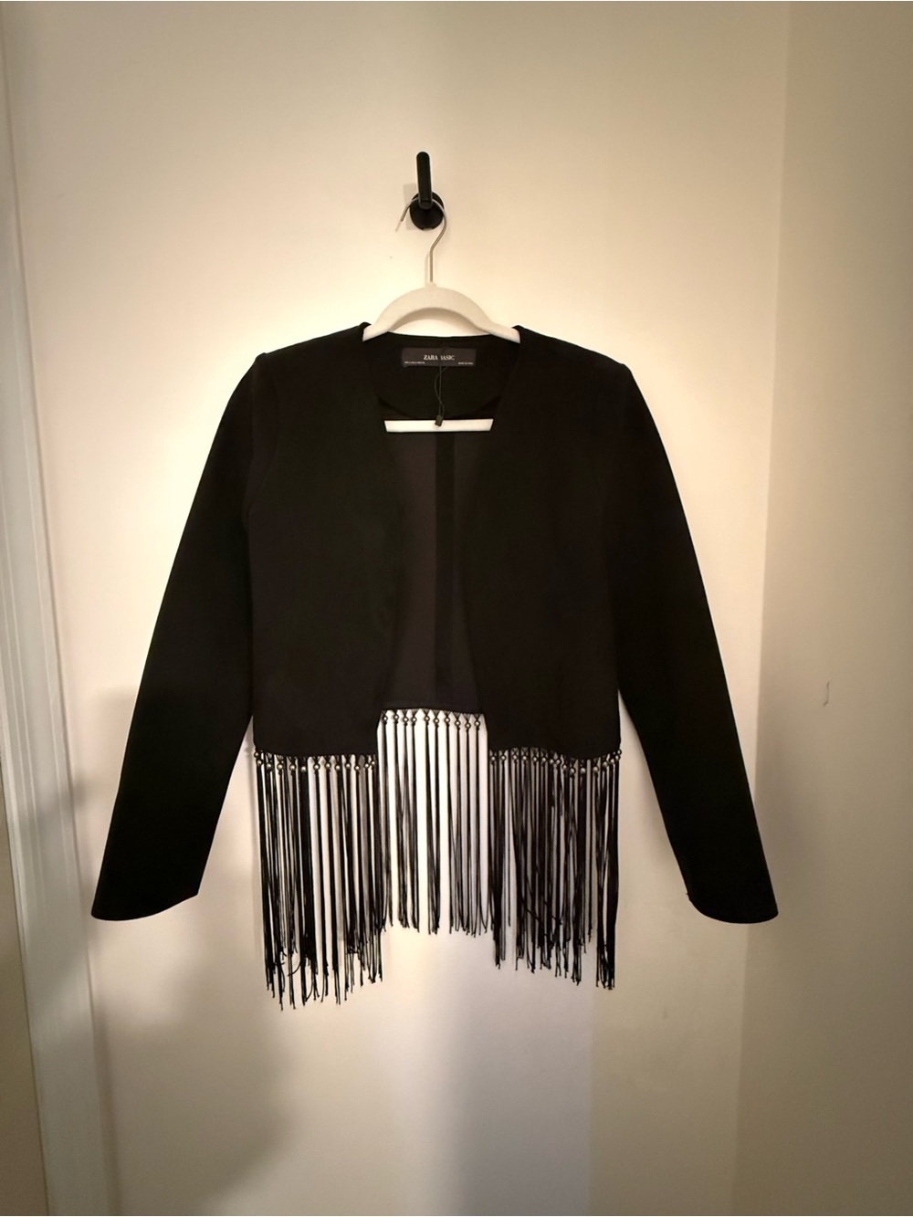 Zara Black Fringe Open-Front Blazer